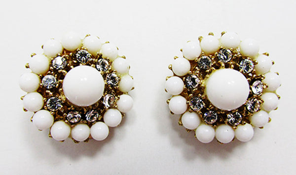 Vintage 1950s Mid-Century Diamante and Bead Clip On Circle Earrings - Front