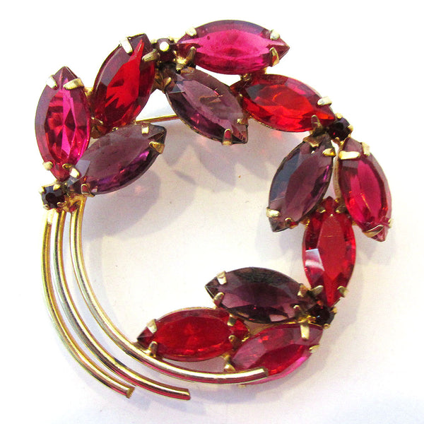 Vintage 1950s Mid-Century Red and Purple RhinestioneFloral Pin - Front