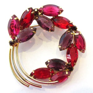 Vintage 1950s Mid-Century Red and Purple Diamante Floral Pin - Front