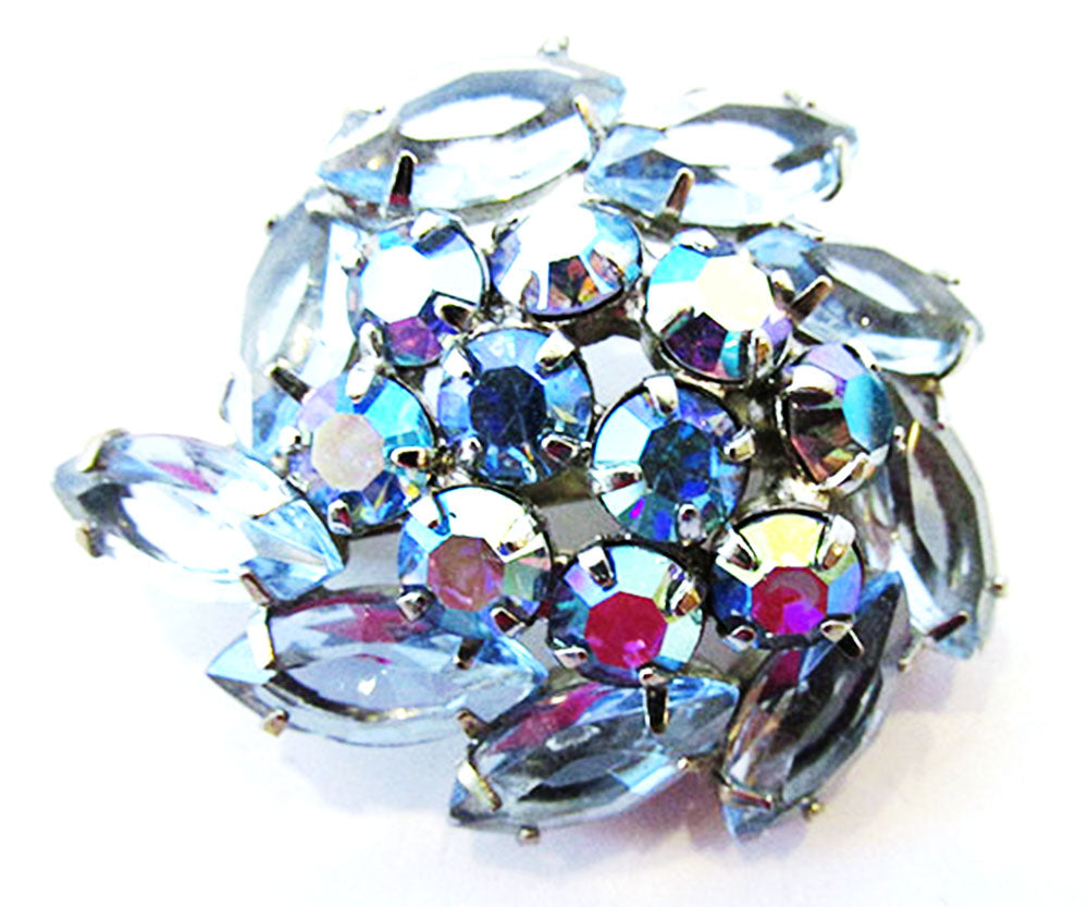 Vintage 1950s Jewelry Gorgeous Iridescent Sapphire Diamante Floral Pin - Front