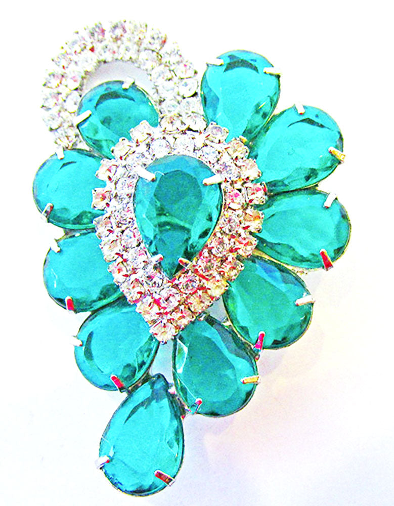 Vintage 1950s Costume Jewelry Stunning Emerald Diamante Floral Pin - Front