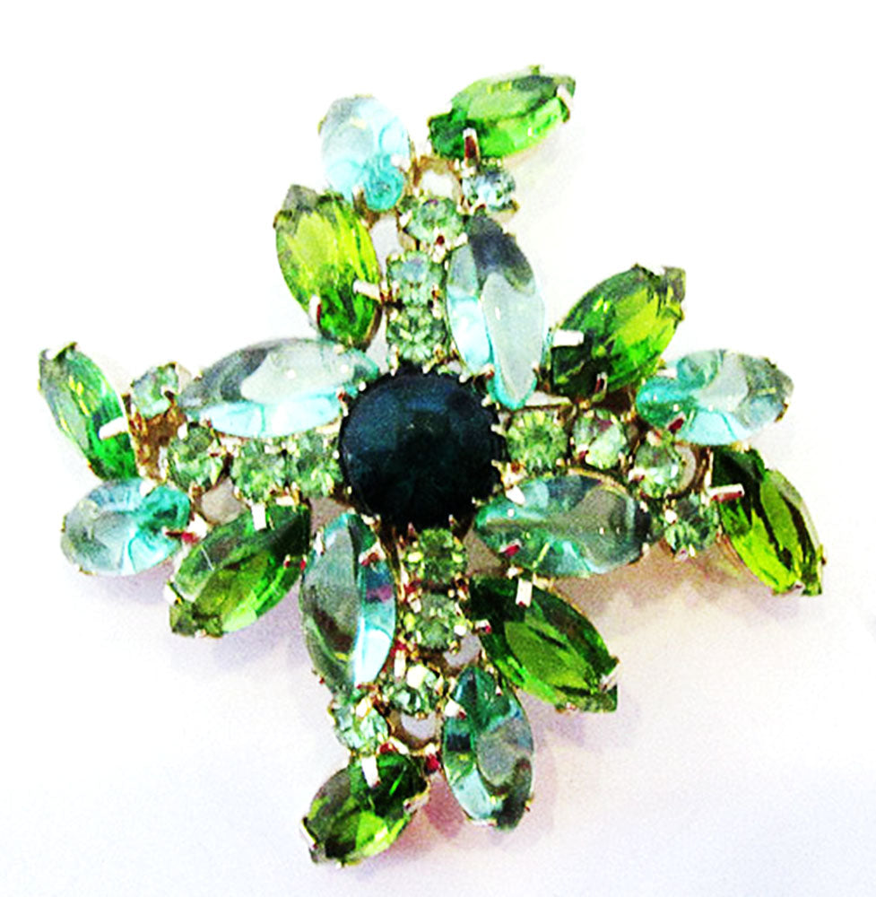 1960s Vintage Jewelry Dazzling Mid-Century Green Diamante Floral Pin - Front