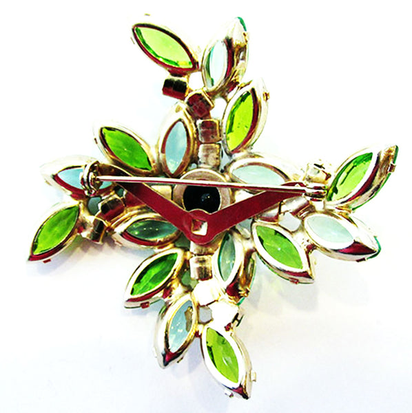 1960s Vintage Jewelry Dazzling Mid-Century Green Diamante Floral Pin - Back