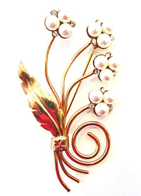 Vintage Jewelry - Timeless Mid-Century Rhinestone and Pearl Floral Pin - Front - Thumbnail