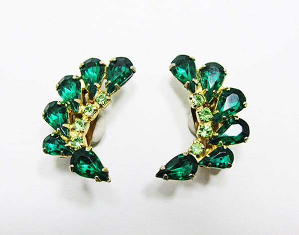 Vintage 1950s Flawless Mid-Century Green Diamante Floral Earrings - Front