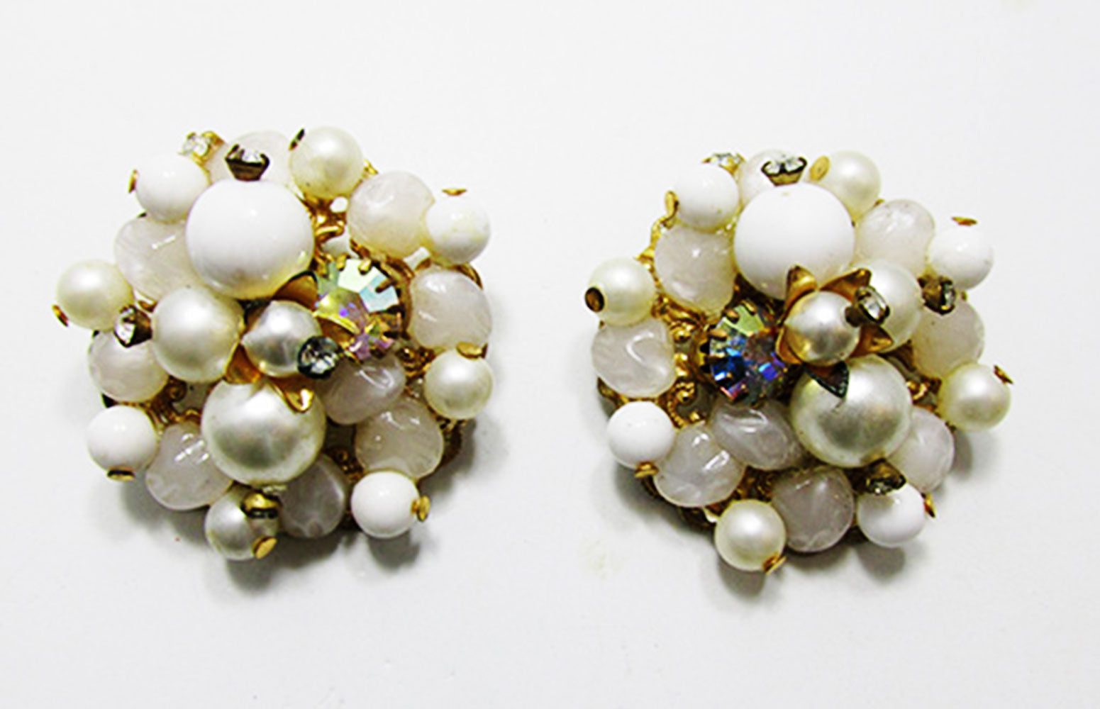 Vintage 1950s Eye-Catching Diamante, Pearl, and Bead Earrings