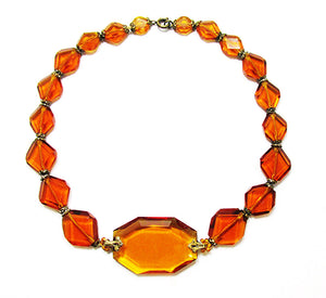 Czechoslovakian Vintage 1930s Art Deco Amber Glass and Brass Necklace  - Front