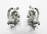 Vintage 1950s Women's Jewelry Elegant Floral Spray Diamante Earrings - Front - Thumbnail