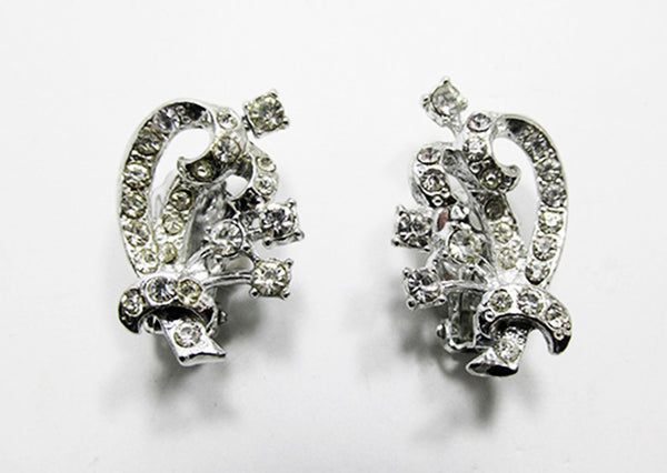 Vintage 1950s Women's Jewelry Elegant Floral Spray Diamante Earrings - Front