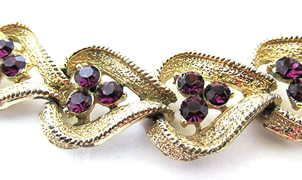 Coro Pegasus Vintage Jewelry 1950s Amethyst Diamante Leaf Bracelet - Close Up - Front