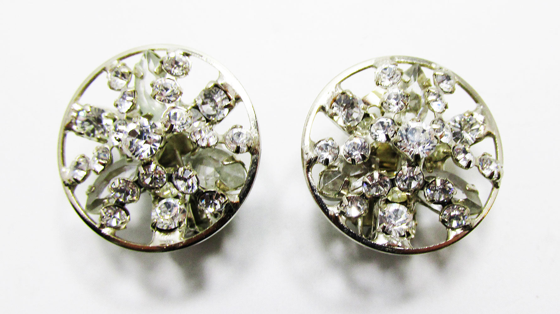 Vintage 1950s Flattering Mid-Century Diamante Button Style Earrings Front