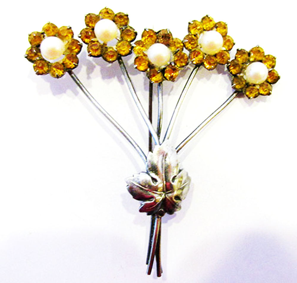 Vintage 1930s Jewelry Delightful Citrine and Pearl Floral Bouquet Pin - Front