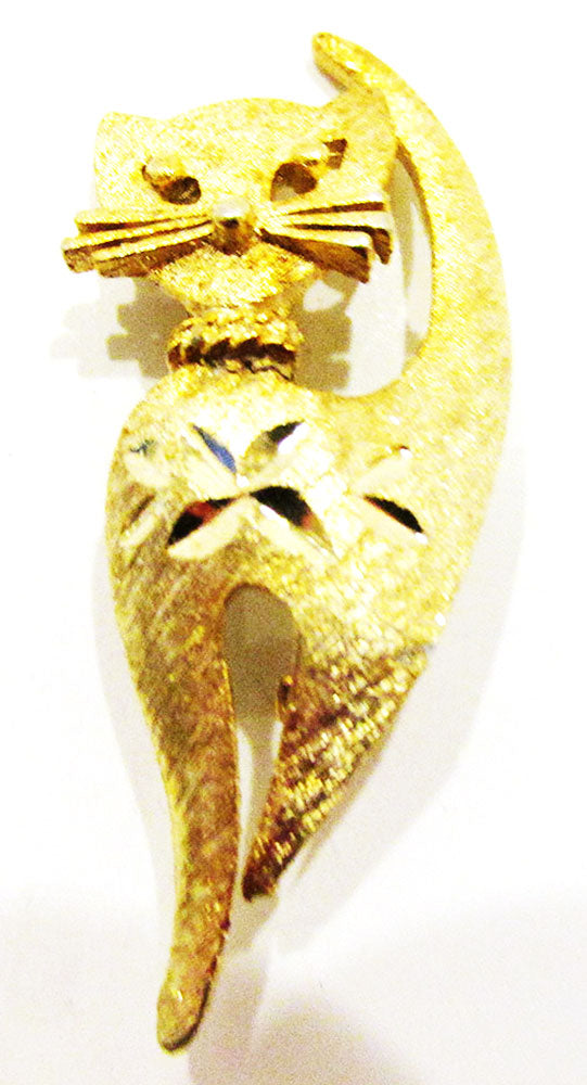 Mamselle Vintage 1960s Jewelry Adorable Etched Gold Figural Cat Pin - Front