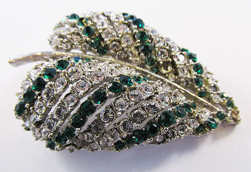 Art Vintage 1950s Emerald and Clear Rhinestone Leaf Pin