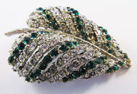 Art Vintage 1950s Emerald and Clear Rhinestone Leaf Pin - Thumbnail