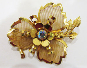 Vintage Mid Century Exceptional Aurora Borealis Mesh Floral Pin