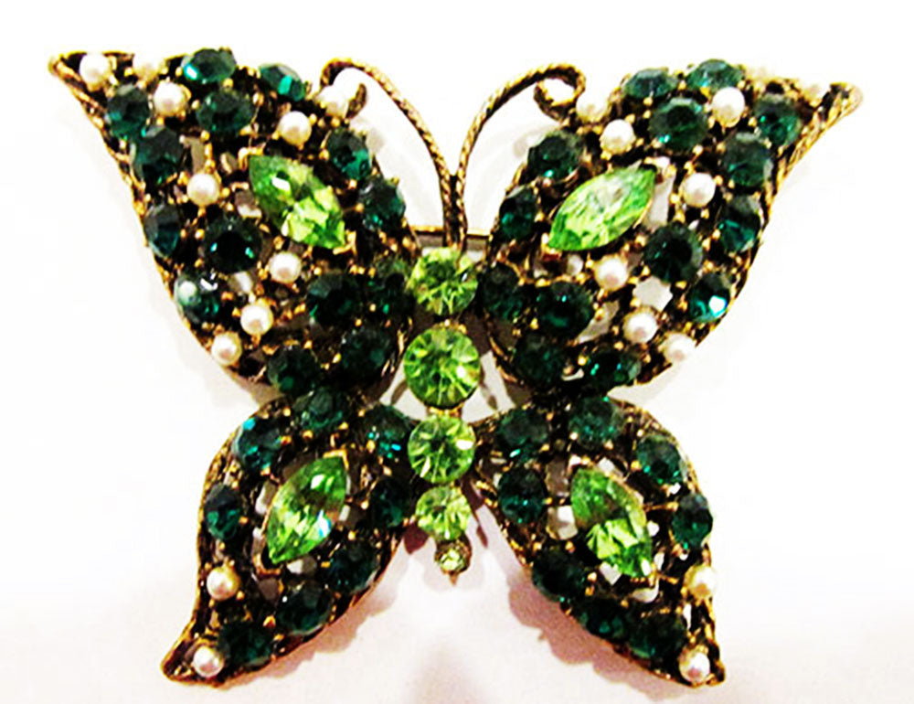 Striking Vintage Mid-Century Diamante and Pearl Butterfly Pin  - Front