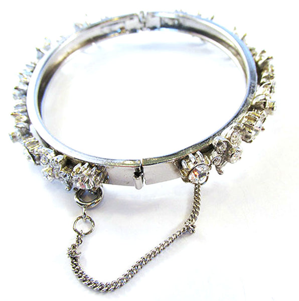 Vintage Jewelry 1950s Distinctive Floral Diamante Bangle Bracelet- Hinge and Safety Chain