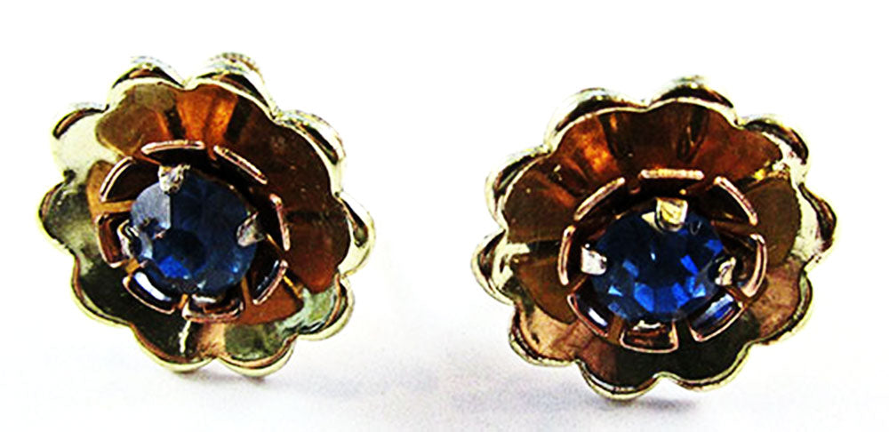 Vintage 1940s Jewelry Retro Sapphire Diamante Vermeil Floral Earrings - Front