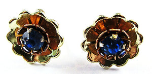 Vintage 1940s Jewelry Retro Sapphire Diamante Vermeil Floral Earrings - Front