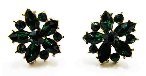 1950s Mid-Century Vintage Emerald Diamante Floral Earrings - Front