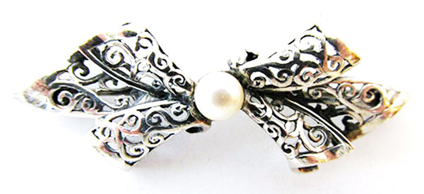 1930s Vintage Jewelry Adorable Filigree Pearl Ribbon Bow Pin