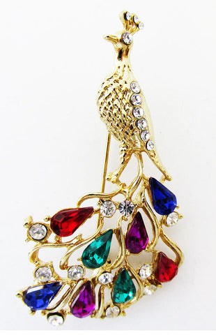 Vintage Mid-Century Exotic Multi-Colored Diamante Peacock Pin - Front