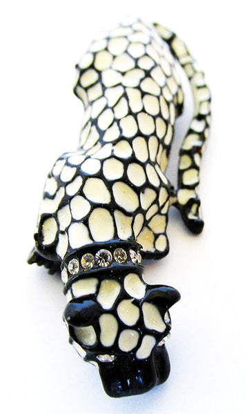 Vintage 1950s Jewelry Cute Mid-Century Enamel and Diamante Big Cat Pin - Front