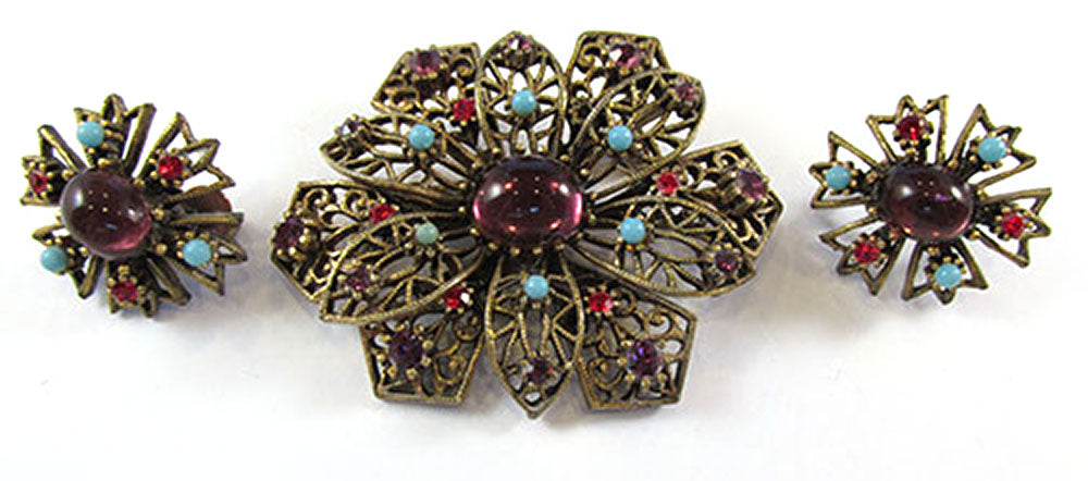 JJ Vintage Jewelry 1950s Diamante Floral Filigree Pin and Earrings Set - Front
