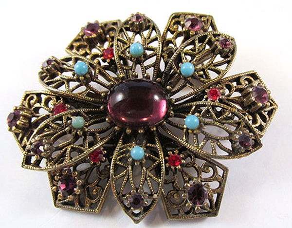JJ Vintage Jewelry 1950s Diamante Floral Filigree Pin and Earrings Set - Pin