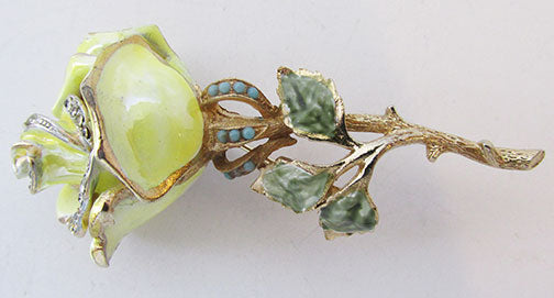 Coro Vintage 1950s Distinctive Enamel Rhinestone Rose Pin