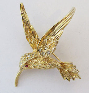 Vintage 1960s Adorable Retro Rhinestone Hummingbird Pin