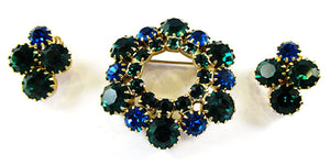 Vintage 1950s Jewelry Sapphire and Emerald Diamante Pin and Earrings - Front