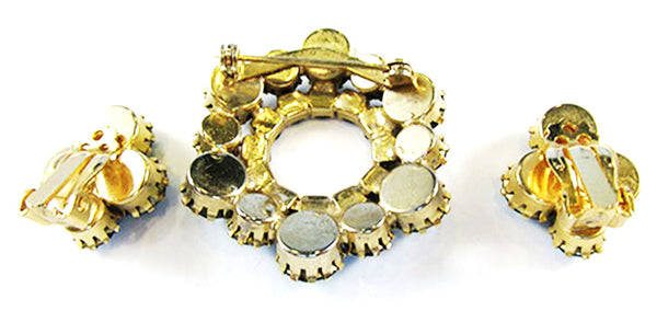 Vintage 1950s Jewelry Sapphire and Emerald Diamante Pin and Earrings - Back