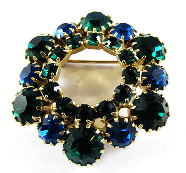 Vintage 1950s Jewelry Sapphire and Emerald Diamante Pin and Earrings - Pin