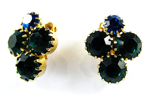 Vintage 1950s Jewelry Sapphire and Emerald Diamante Pin and Earrings - Earrings