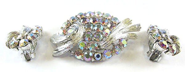 Lisner Vintage Jewelry 1950s AB Diamante Floral Pin and Earrings Set - Front
