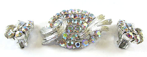 Lisner Vintage Jewelry 1950s AB Diamante Floral Pin and Earrings Set - Front
