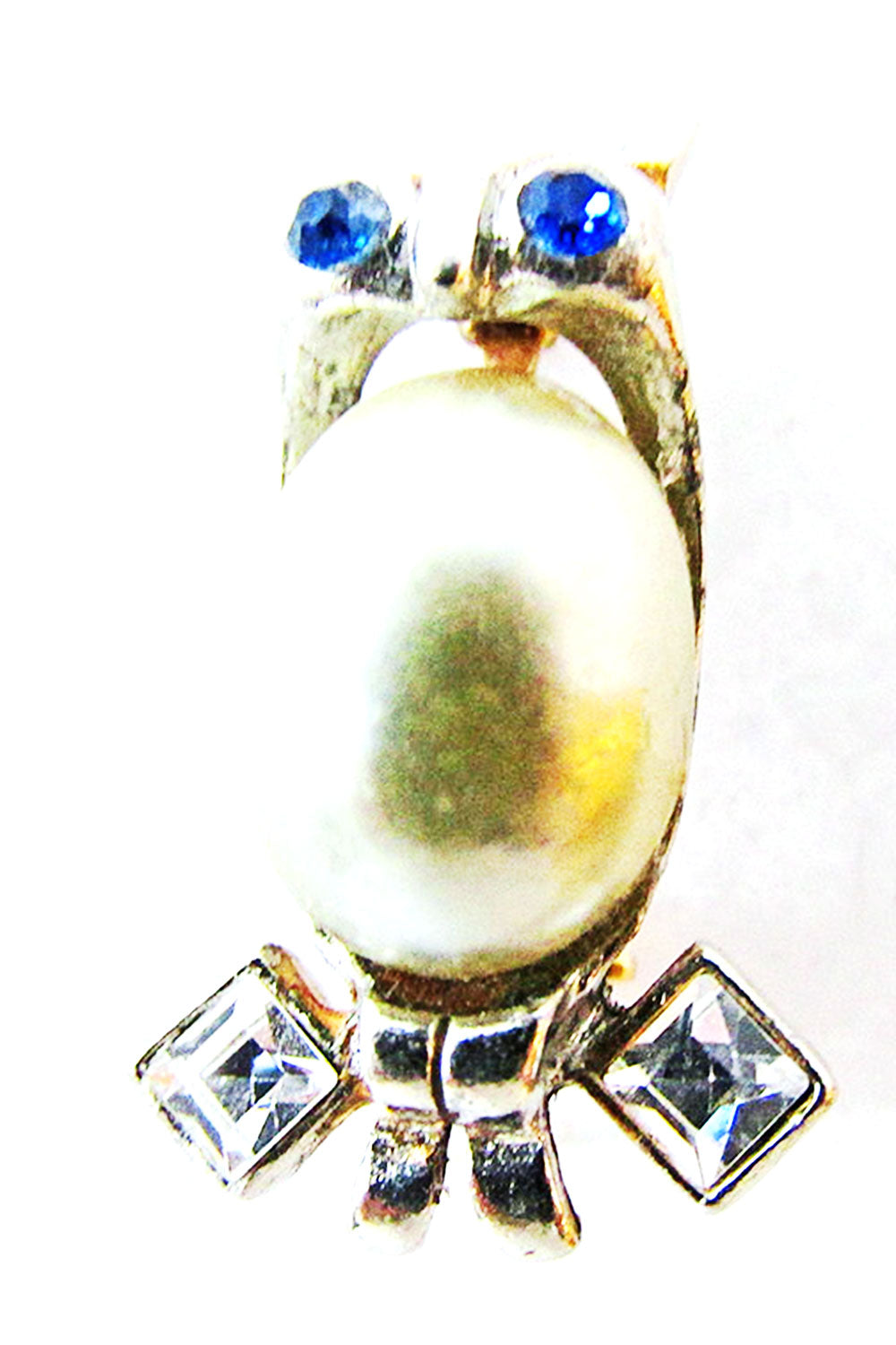 Vintage 1940s Jewelry Cute Figural Pearl and Diamante Owl Pin - Front