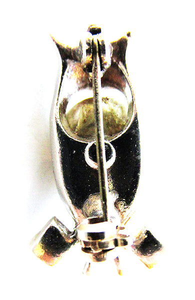 Vintage 1940s Jewelry Cute Figural Pearl and Diamante Owl Pin - Back