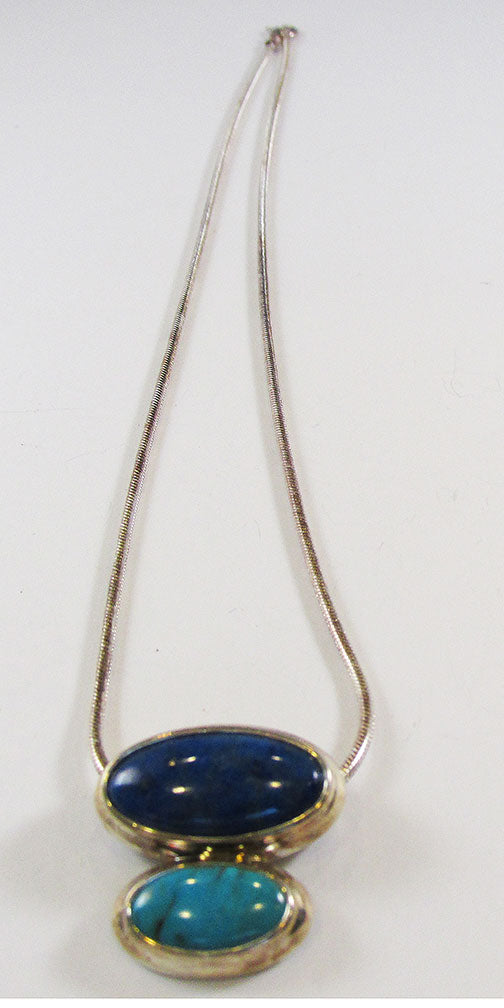Vintage 1970s Contemporary Style Lapis and Turquoise Sterling Necklace