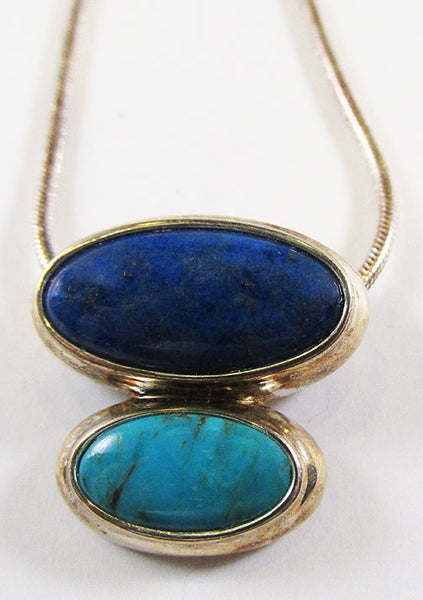 Vintage 1970s Contemporary Style Lapis and Turquoise Sterling Necklace