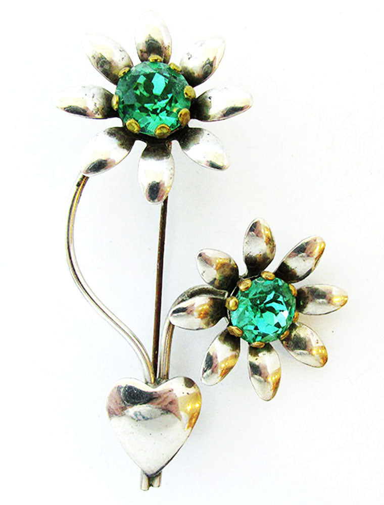 Vintage 1940 Costume Jewelry Green Diamante Floral Spray and Heart Pin - Front