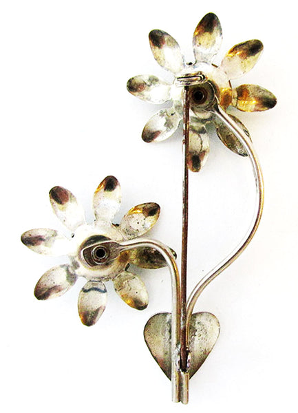 Vintage 1940 Costume Jewelry Green Diamante Floral Spray and Heart Pin - Back