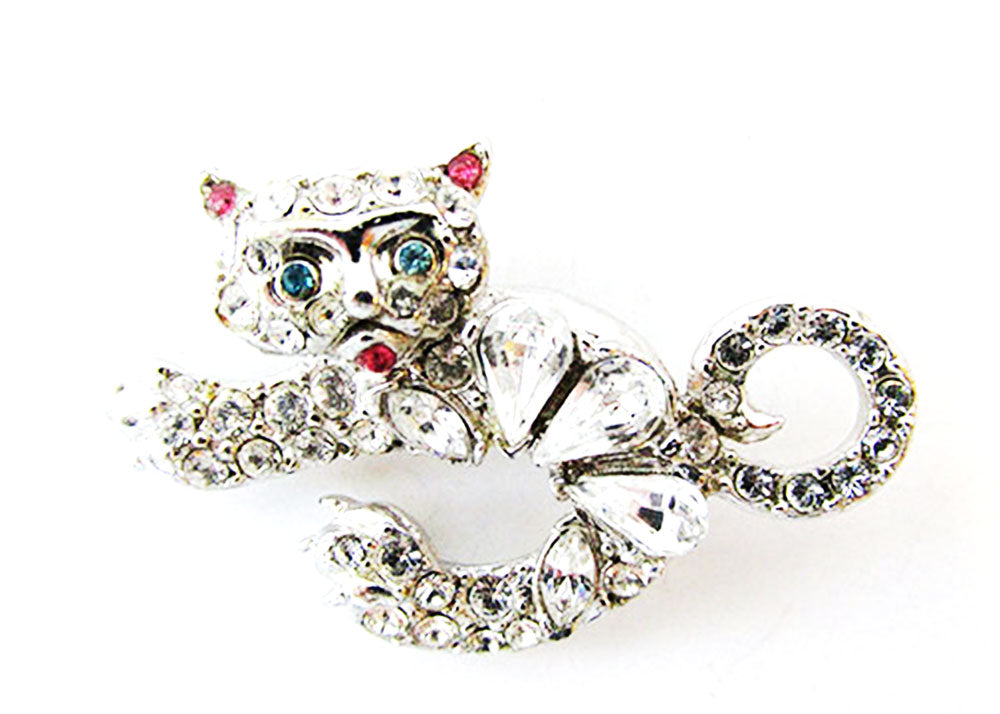 1950s Vintage Jewelry Adorable Mid-Century Whimsical Diamante Cat Pin - Front