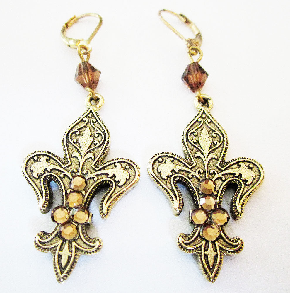 Vintage 1980s Contemporary Style Diamante Fleur-de-Lis Earrings - Front