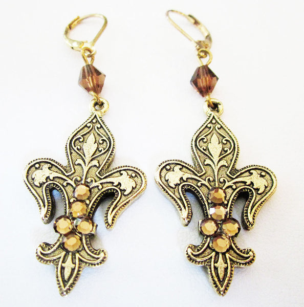 Vintage 1980s Contemporary Style Diamante Fleur-de-Lis Earrings - Front