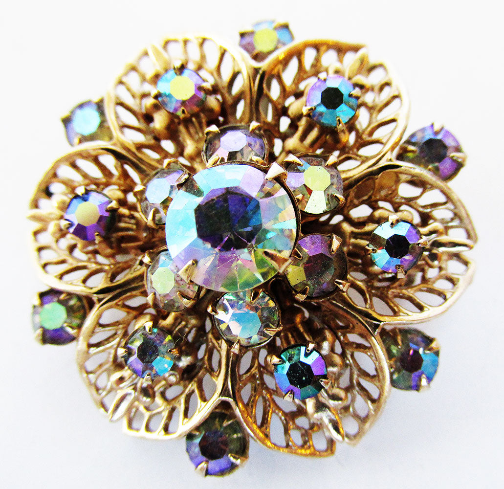 Vintage 1950s Gorgeous Mid-Century Iridescent Diamante Floral Pin - Front