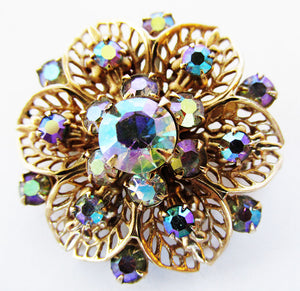 Vintage 1950s Gorgeous Mid-Century Iridescent Diamante Floral Pin - Front