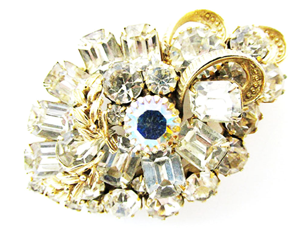 Vintage 1950s Jewelry Outstanding Leaf and Ribbon Diamante Pin - Front